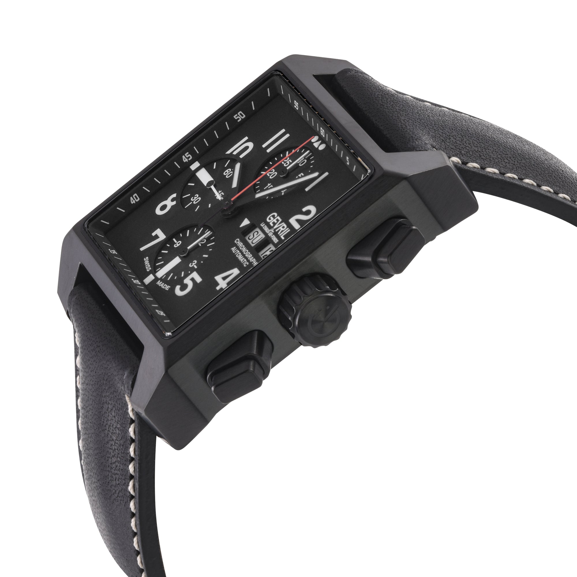 Herald Square Chronograph Gevril ETA7750 Chrono, SS/IPBLK Case, Black Dial, Italian Leather Strap | Black Dial