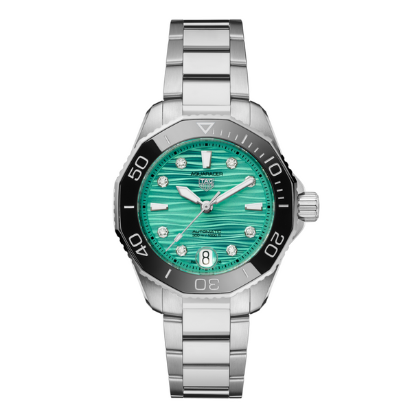 TAG HEUER AQUARACERPROFESSIONAL 300 36MM, W/R 300M, STEEL CASE & BRACELET, GREEN DIAL WITH DIAMONDS Green Dial | Green Dial