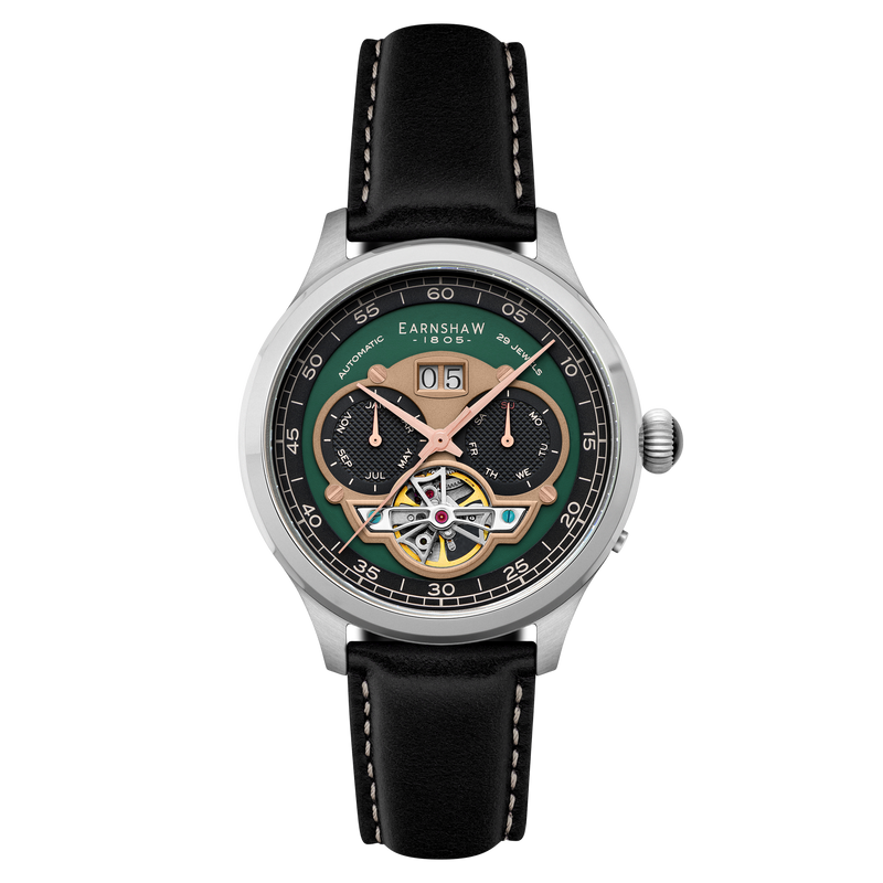 Baron Grand Date Calendar Open Heart Automatic Green / Black Leather | Green Dial
