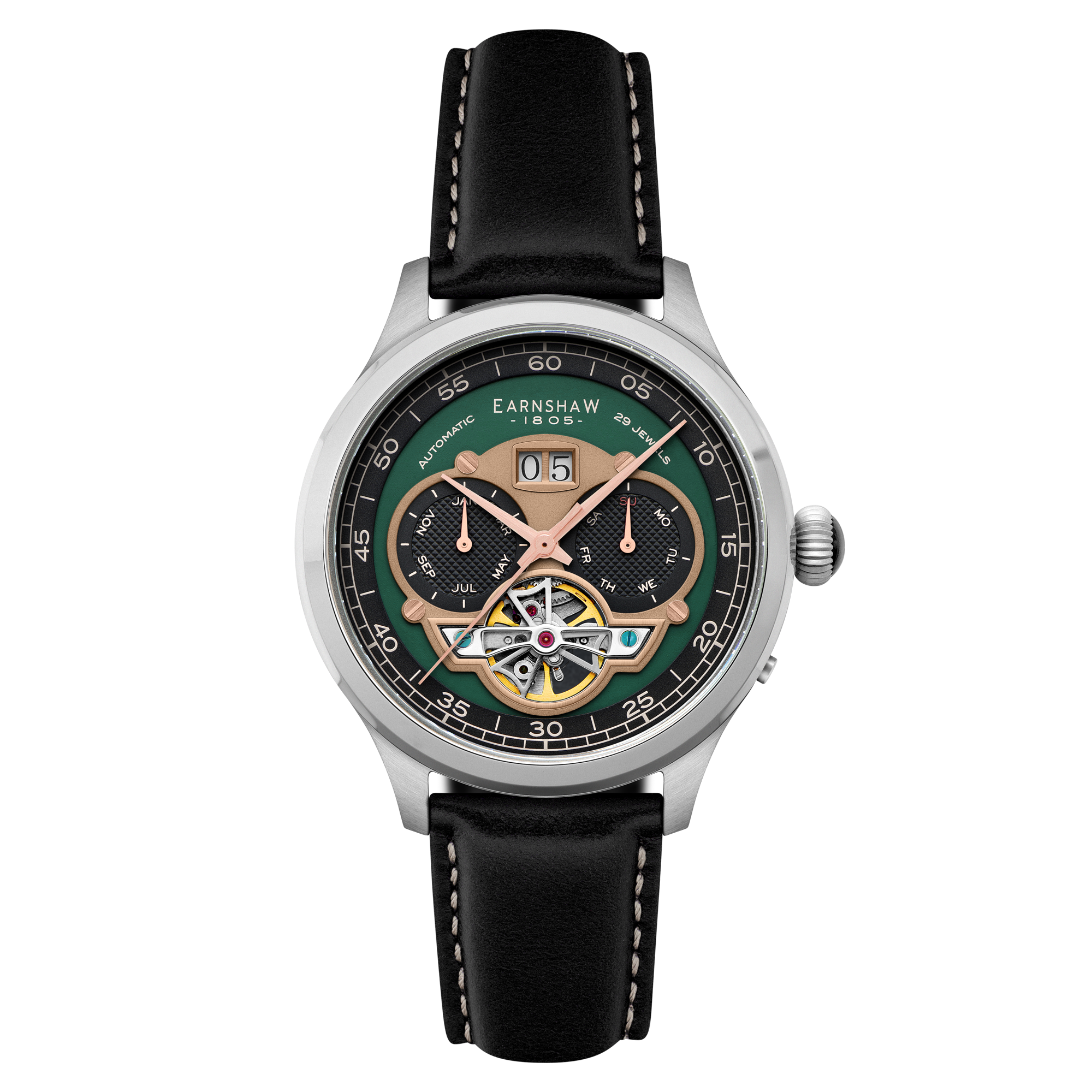 Baron Grand Date Calendar Open Heart Automatic Green / Black Leather | Green Dial