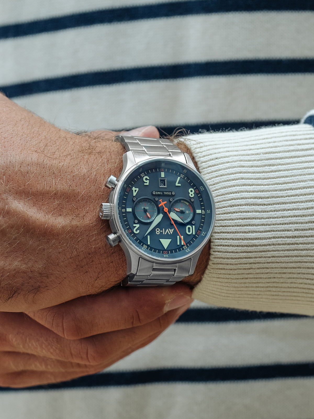 Hawker Hurricane Carey Dual Time Blue & Stainless Steel /  Stainless Steel | Blue Dial