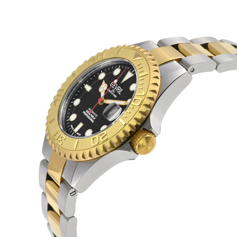 Wall Street Gevril Swiss Made SW200 Steel Rotating Bezel Diver's watch, Two toned Gold bezel, Black dial | Black Dial