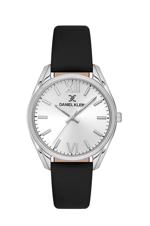 30mm Round Womens Watch, Leather Band - DK13598 Silver / Black Blue Dial