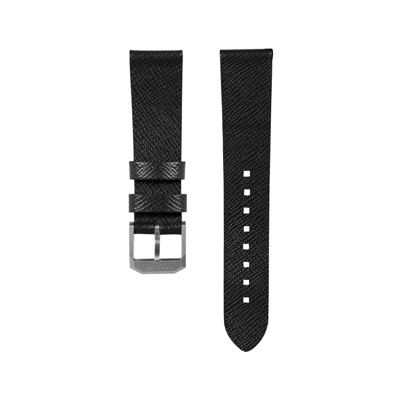 STRAP, 20mm, ITALIAN LEATHER, CROSS HATCH, STEEL BUCKLE, BLACK, STANDARD ITALIAN LEATHER, CROSS HATCH