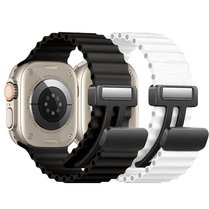 2 Pack - Magnetic Clasp Silicone Ocean Ripple Band for Apple Watch Ultra & Series 9/8/7/6 Black and White - 41mm/40mm/38mm |  Dial