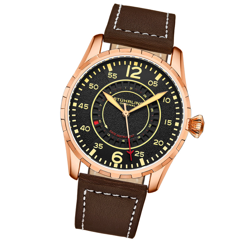 Aviator 4002.5 Rose Gold case/Leather strap/ Brass Dial | Black Dial