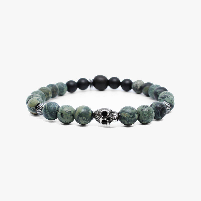 Etched sterling skull, green kambaba jasper M (7.25" Wrist) |  Dial