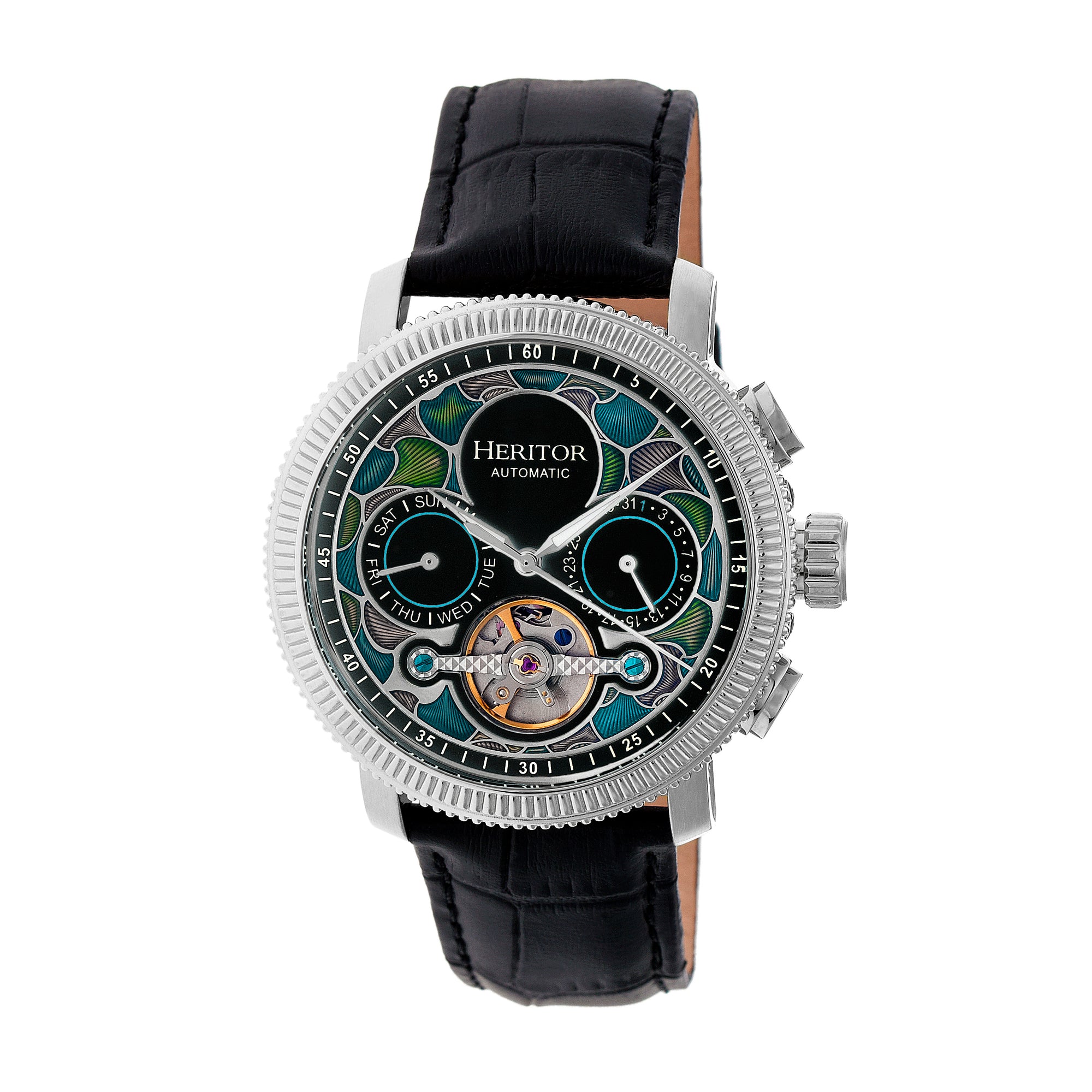 Aura Semi-Skeleton Genuine Leather-Band Watch Silver/Black Multi-colored Dial