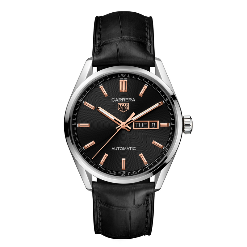 TAG HEUER CARRRERA DAY-DATE 41MM, W/R 100M, STEEL CASE, BLACK ALLIGATOR STRAP, BLACK DIAL Black Dial | Black Dial
