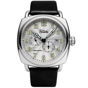 Officer's Coin Automatic Steel Case/Silver Guilloche Dial/Black Leather Strap | Silver Dial