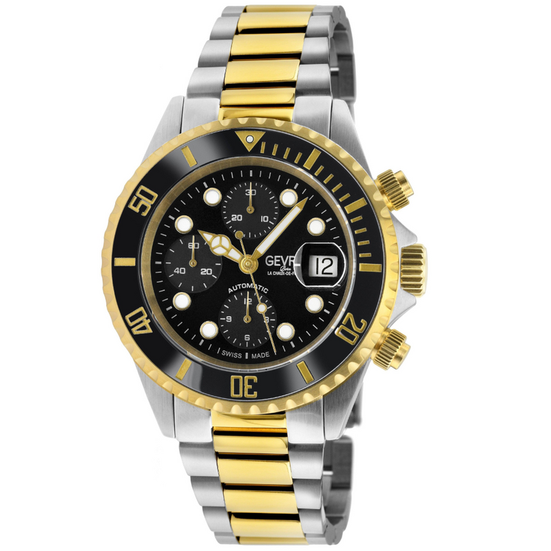 Wall Street Swiss Automatic Chronograph SW500 Black Ceramic Bezel Divers Watch two tone | Black Dial