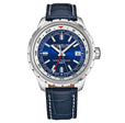 Global Voyager GMT 42mm World Timer Watch Blue/Leather | Blue Dial