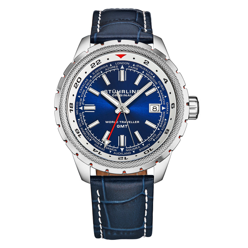 Global Voyager GMT 42mm World Timer Watch Blue/Leather | Blue Dial