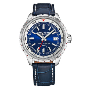 Global Voyager GMT 42mm World Timer Watch Blue/Leather | Blue Dial