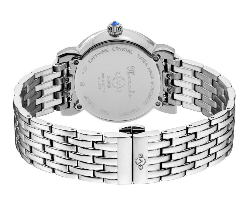 Marsala GV2 Women's Diamond Swiss Quartz Watch, White MOP dial, 8 Diamonds, SS Bracelet | White Dial
