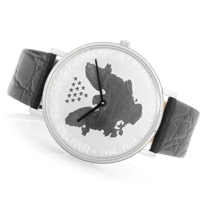 Men's Silvertone & Black 2017 Silver Dollar Coin Watch with Leather Strap  |  Dial