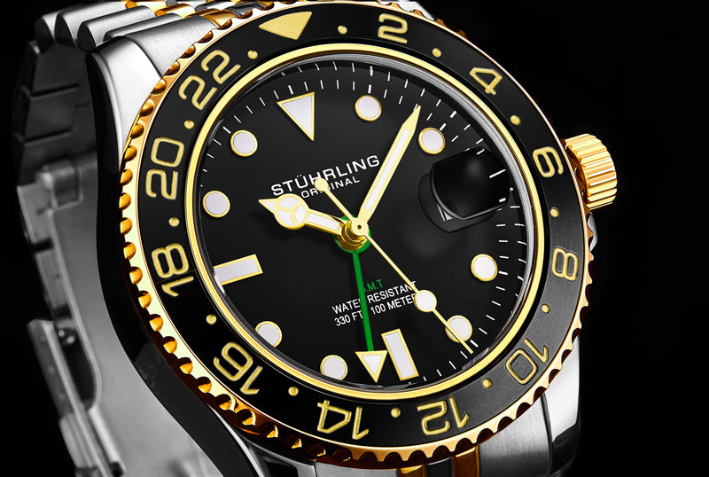Aquadiver GMT Two Tone / Black + Gold Bezel | Black Dial