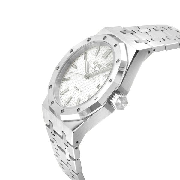 Gotham Swiss Automatic Movement, Silver/White Embossed Dial, 316L Stainless Steel Bracelet | White Dial