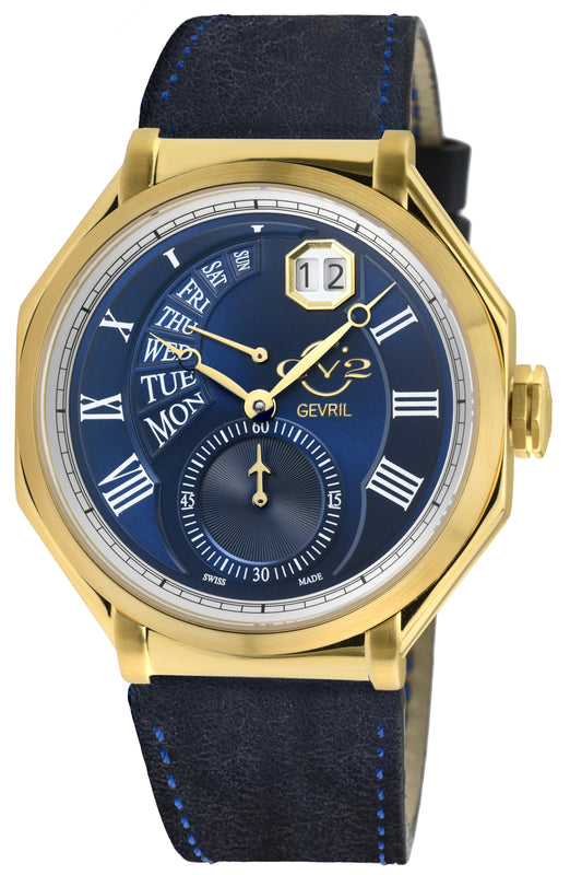 Marchese Swiss Made multifunction IP Gold/Blue,Black with Blue stitching band | Blue Dial