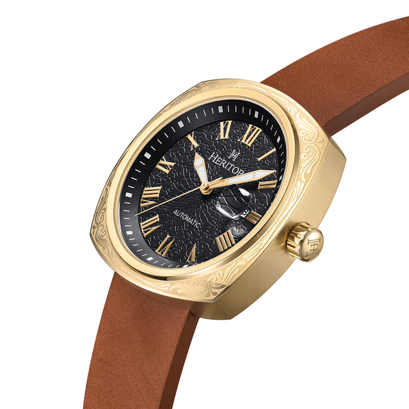 Davenport Engraved-Case Leather-Band Watch w/ Date Gold/Brown | Black Dial