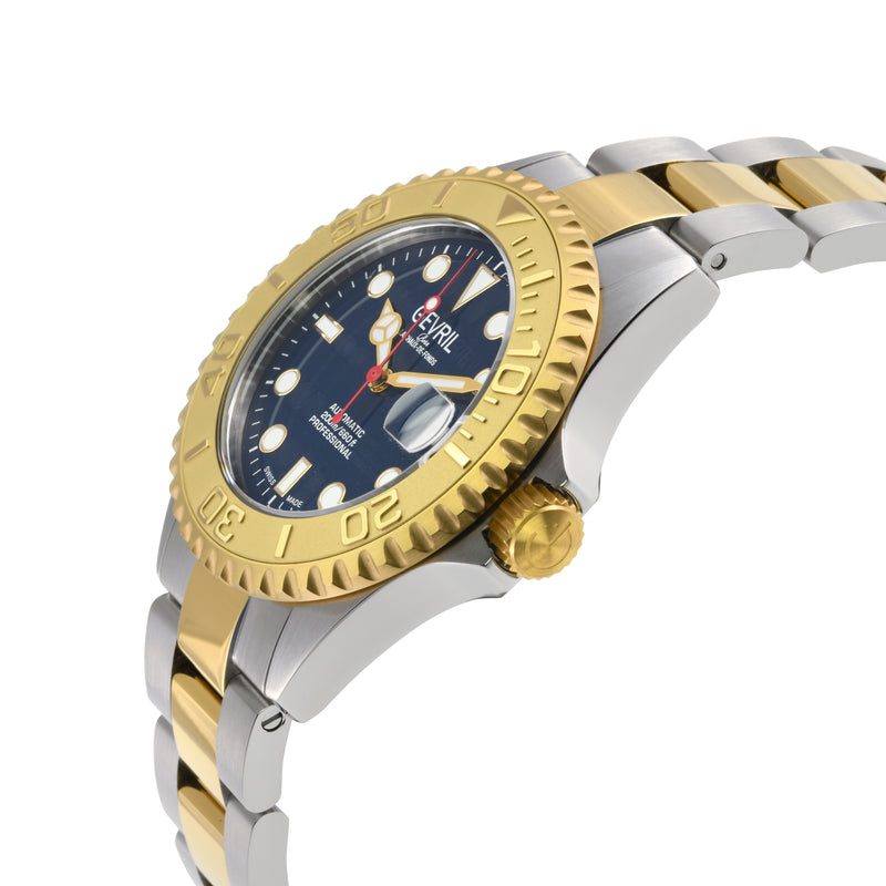 Wall Street Gevril Swiss Made SW200 Steel Rotating Bezel Diver's watch, Two toned Gold bezel, Blue dial | Blue Dial