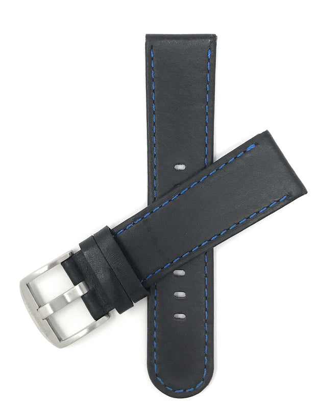 Bandini 24mm Black / Blue Italian Leather Watch Band - Racer - Flat 24mm / Black / Blue / Silver Buckle |  Dial