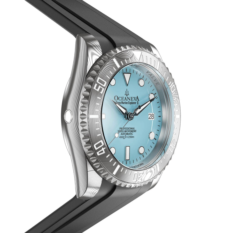 Damascus Swiss Automatic SW200 Deep Marine Explorer II Damascus/Light Blue Dial/Black Strap | Light-blue Dial