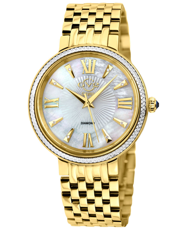 Genoa GV2 Women's Diamond Swiss Quartz Watch, White MOP dial, Diamond Cut Bezel, 8 Diamonds on Dial, IP Gold Bracelet | White Dial