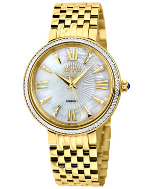 Genoa GV2 Women's Diamond Swiss Quartz Watch, White MOP dial, Diamond Cut Bezel, 8 Diamonds on Dial, IP Gold Bracelet | White Dial