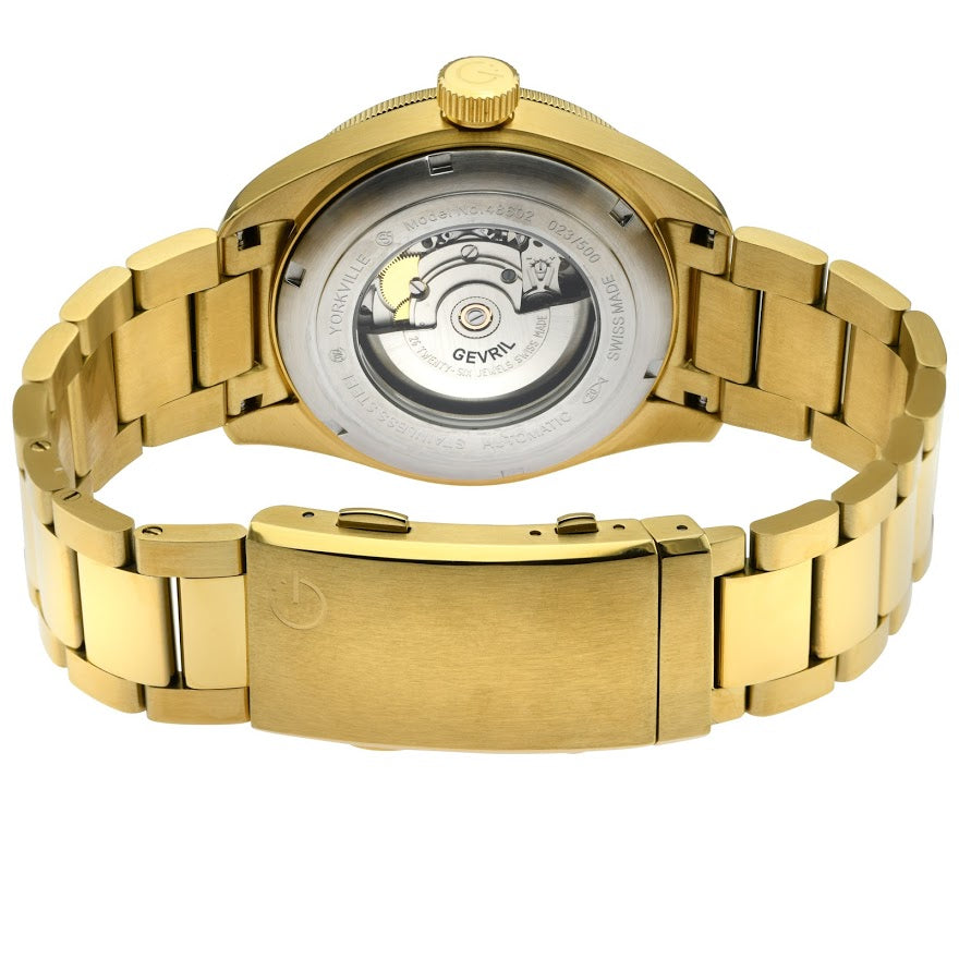 Yorkville Gevril Men's Yorkville Blue Dial Sellita SW200 Swiss Automatic Unidirectional Rotating Bezel Gold Tone Bracelet Date Luminous Watch | Blue Dial