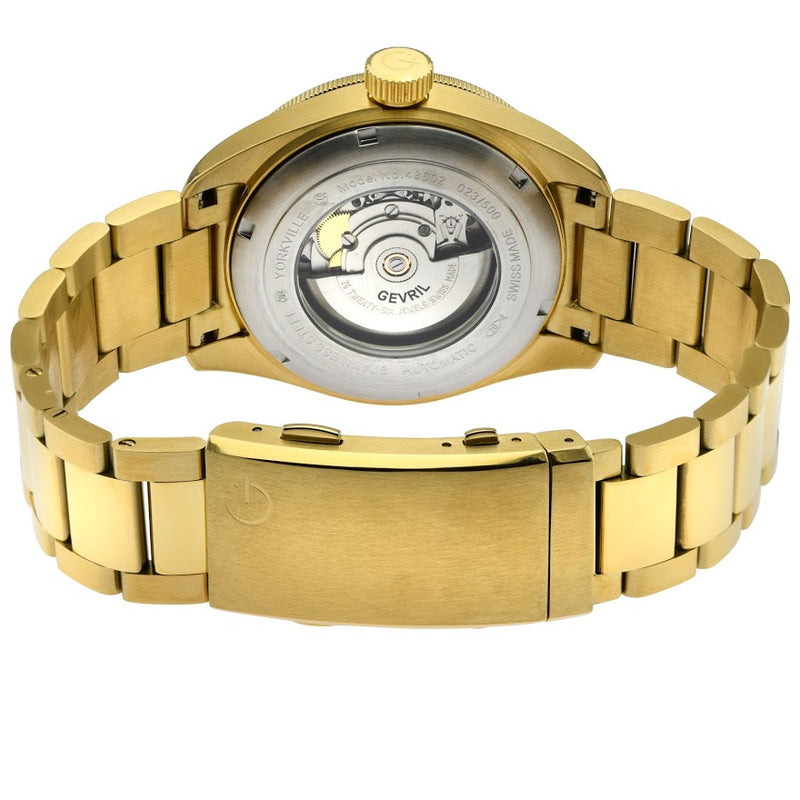 Yorkville Gevril Men's Yorkville Blue Dial Sellita SW200 Swiss Automatic Unidirectional Rotating Bezel Gold Tone Bracelet Date Luminous Watch | Blue Dial