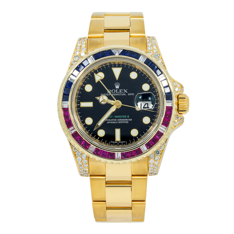 Pre-Owned Rolex GMT-Master II Yellow Gold, blue and red-Black Dial