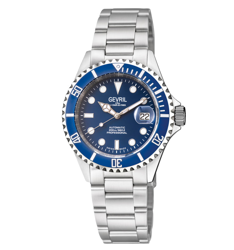 Wall Street Gevril Swiss Made SW200 Steel Rotating bezel Watch, 316L Case, Blue DIal | Blue Dial