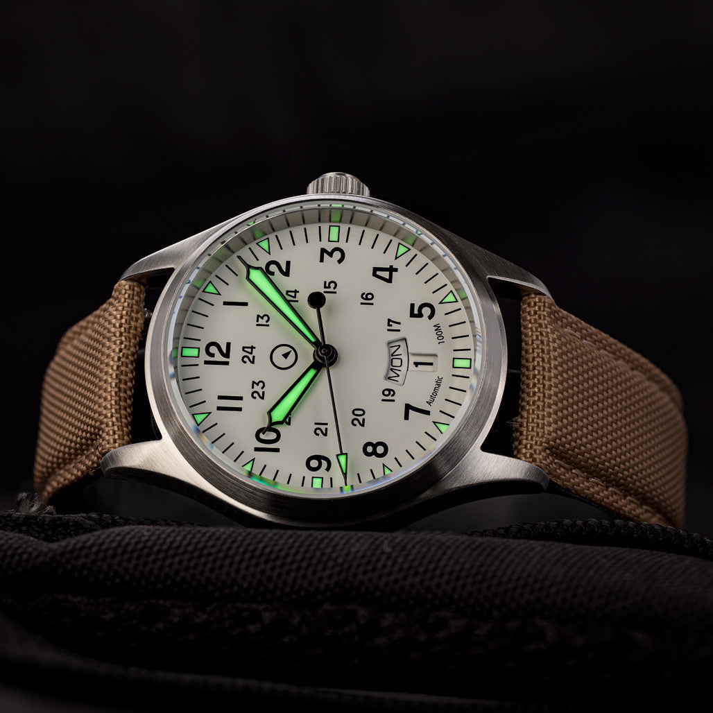 Islander Mitchel "DAY-T" Automatic Field Watch with White Dial and Day-Date Display