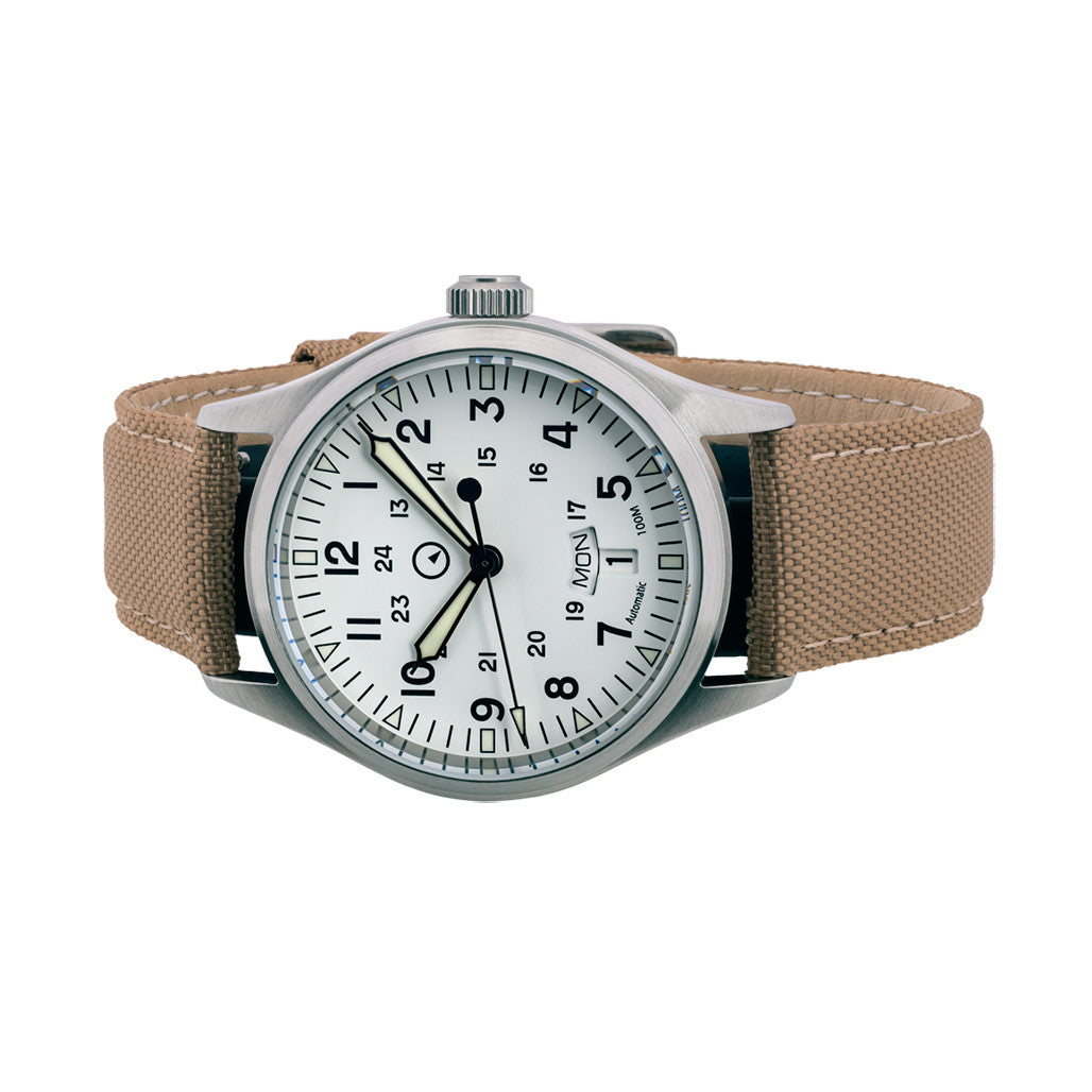 Islander Mitchel "DAY-T" Automatic Field Watch with White Dial and Day-Date Display