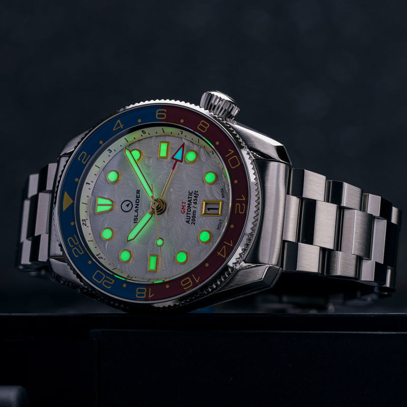 Islander JFK Automatic GMT Watch with White Cloud Dial and Pepsi Bezel