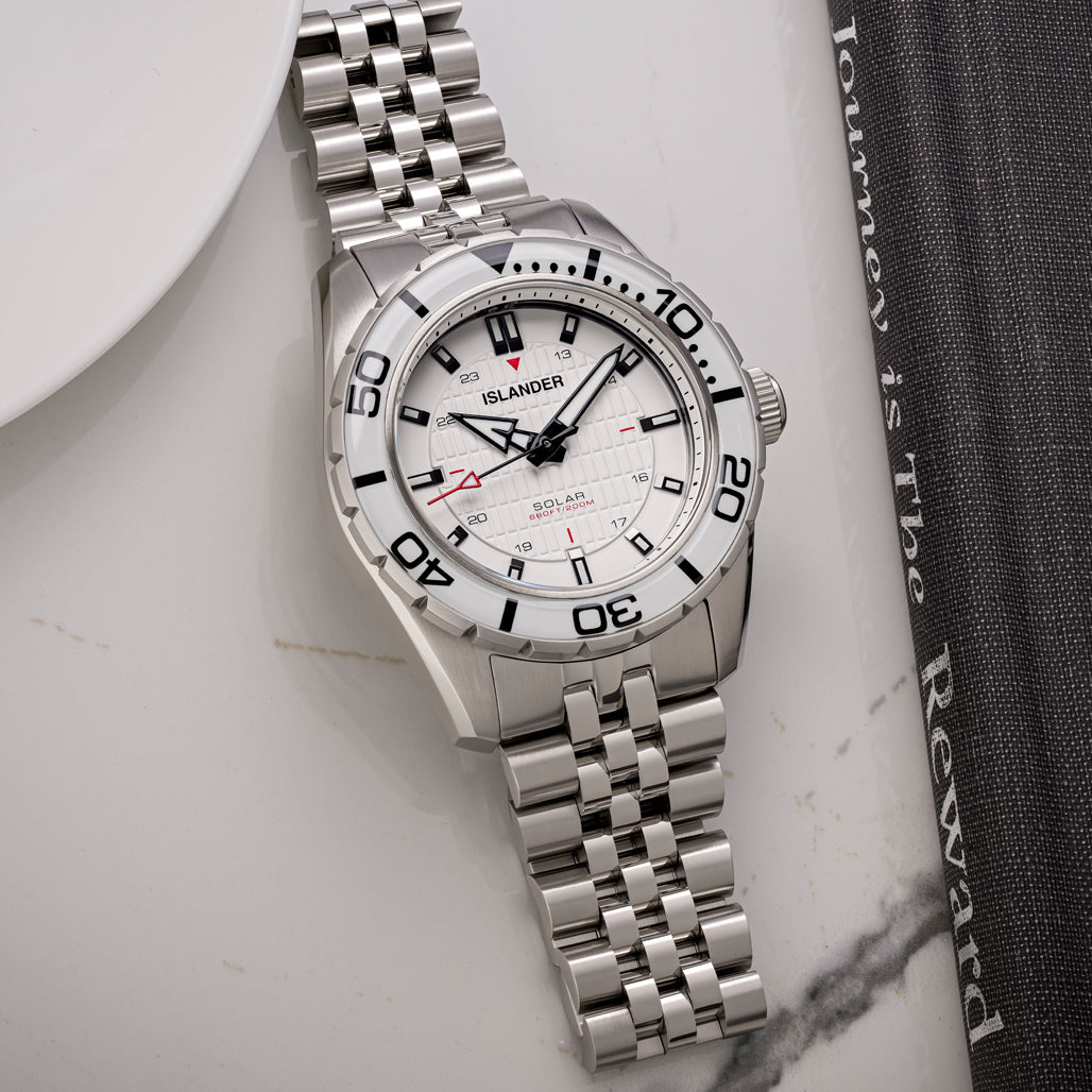 Islander Saltaire 38mm Solar Dive Watch with Pure White Dial