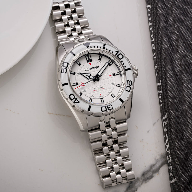 Islander Saltaire 38mm Solar Dive Watch with Pure White Dial