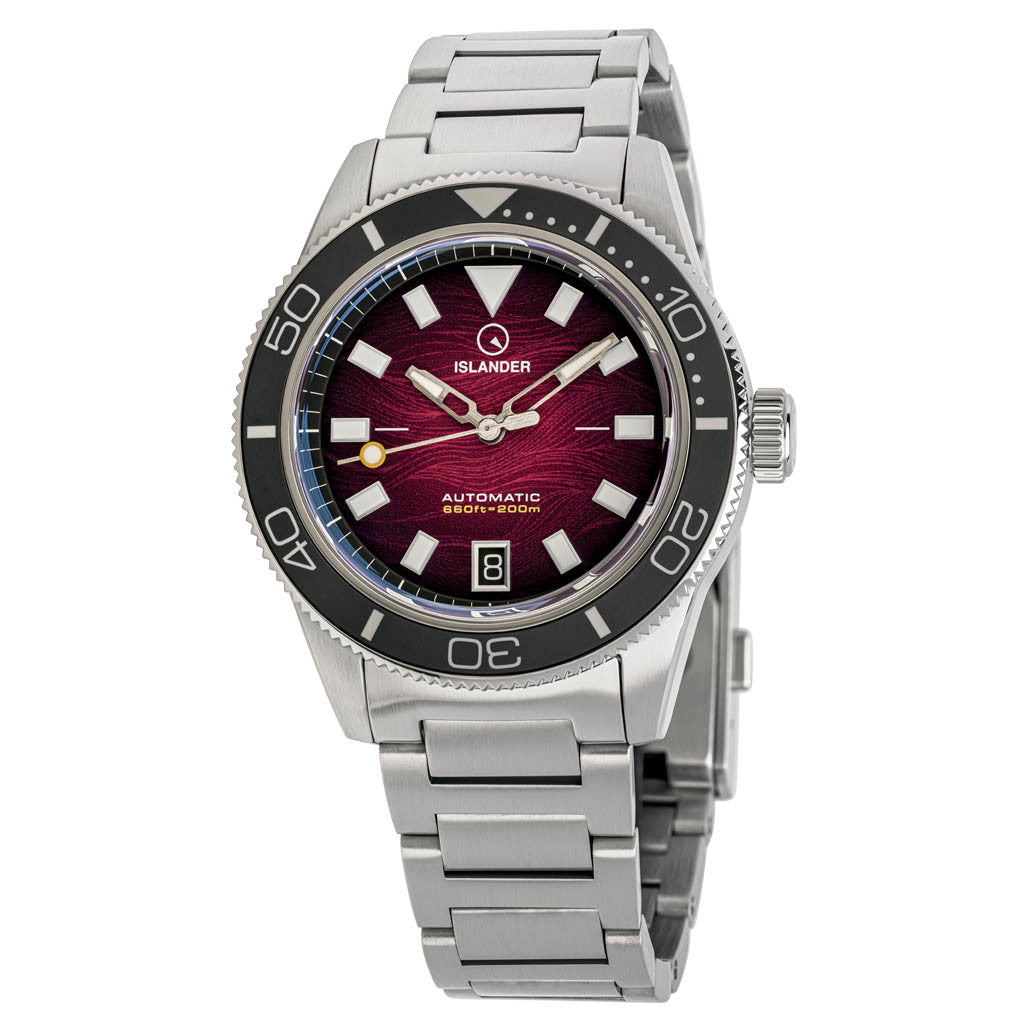 Islander Bayport Automatic Dive Watch with Maroon Wave Dial