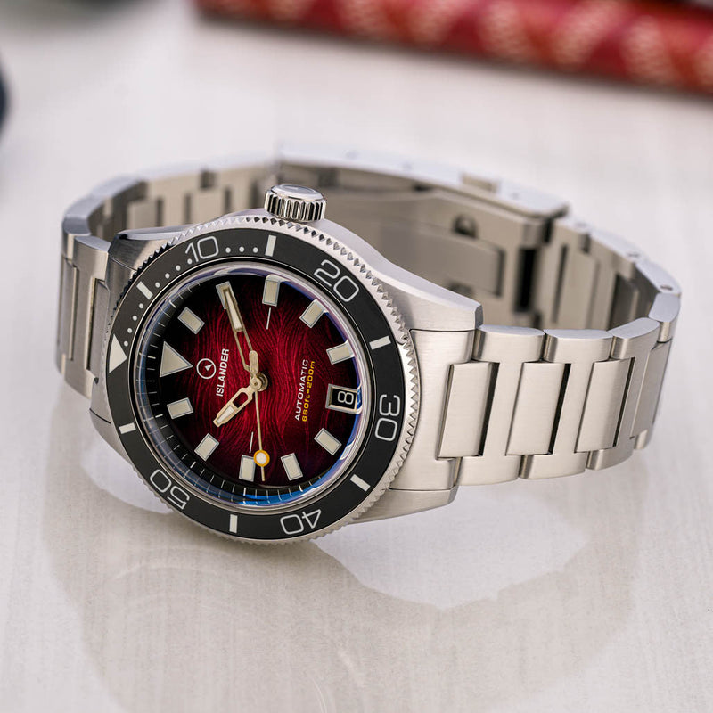Islander Bayport Automatic Dive Watch with Maroon Wave Dial