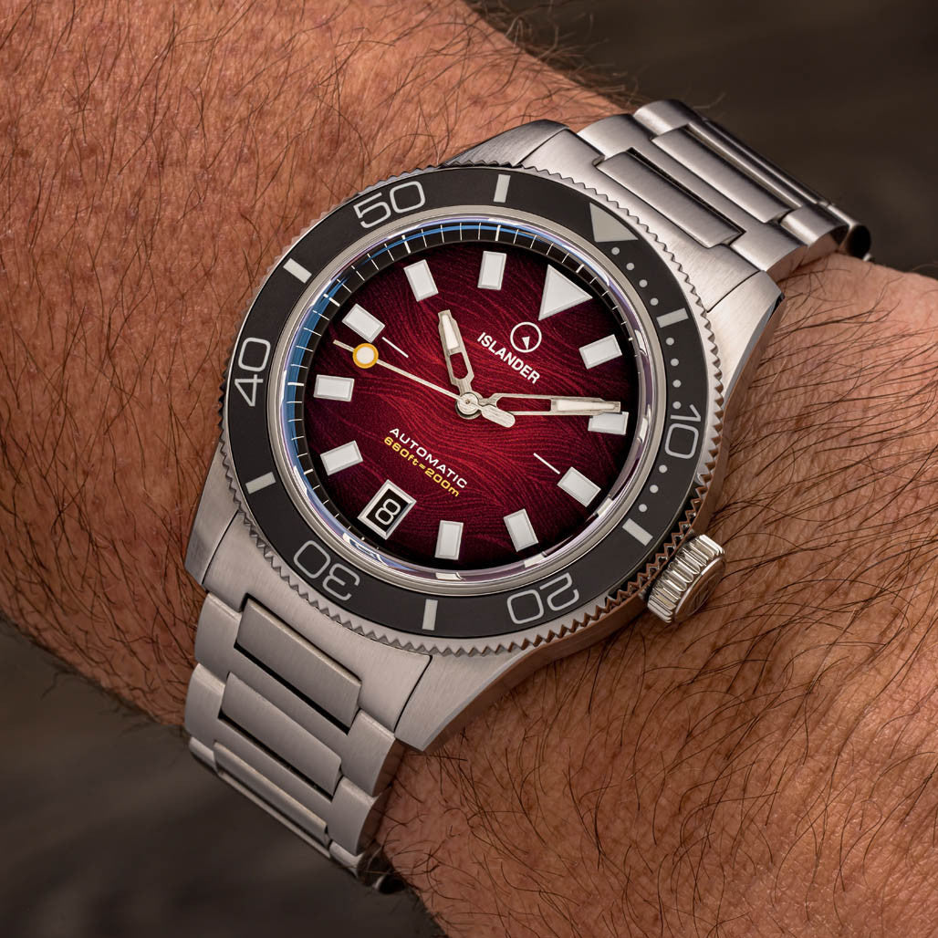 Islander Bayport Automatic Dive Watch with Maroon Wave Dial