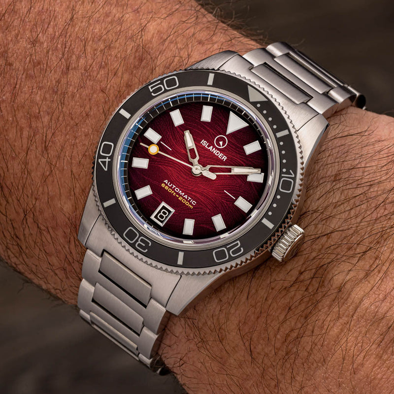 Islander Bayport Automatic Dive Watch with Maroon Wave Dial