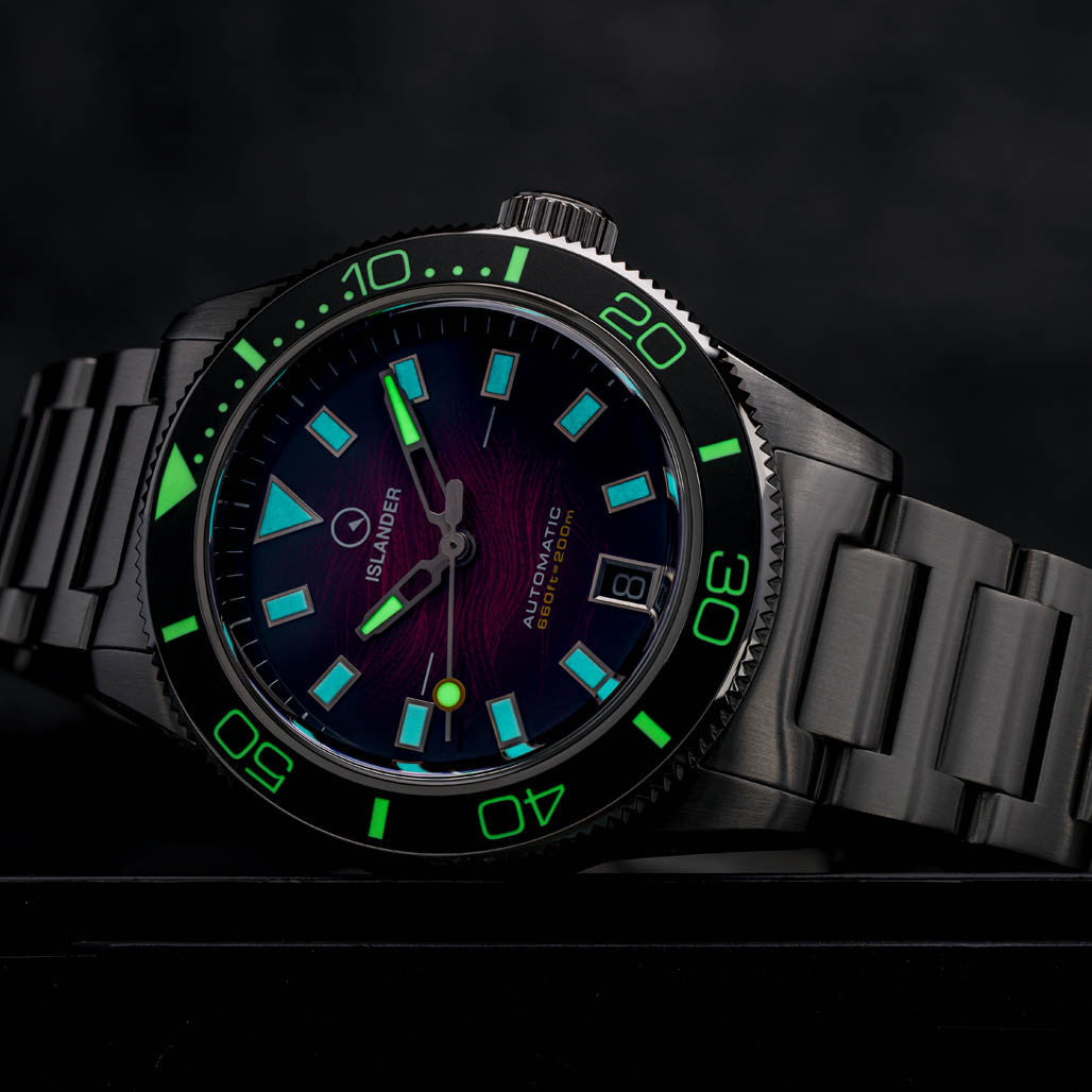 Islander Bayport Automatic Dive Watch with Maroon Wave Dial
