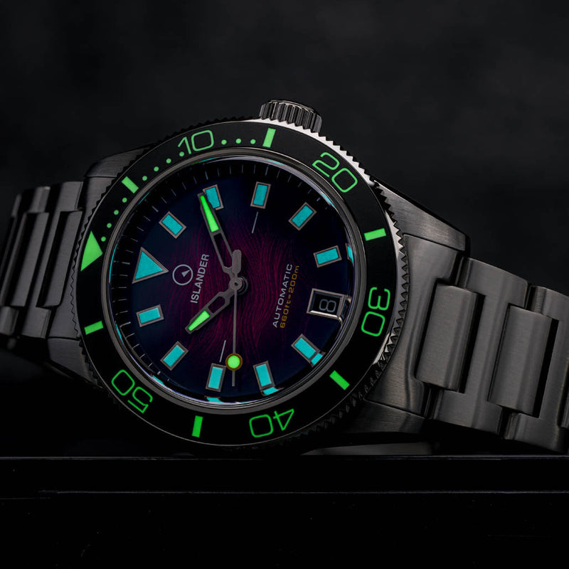Islander Bayport Automatic Dive Watch with Maroon Wave Dial