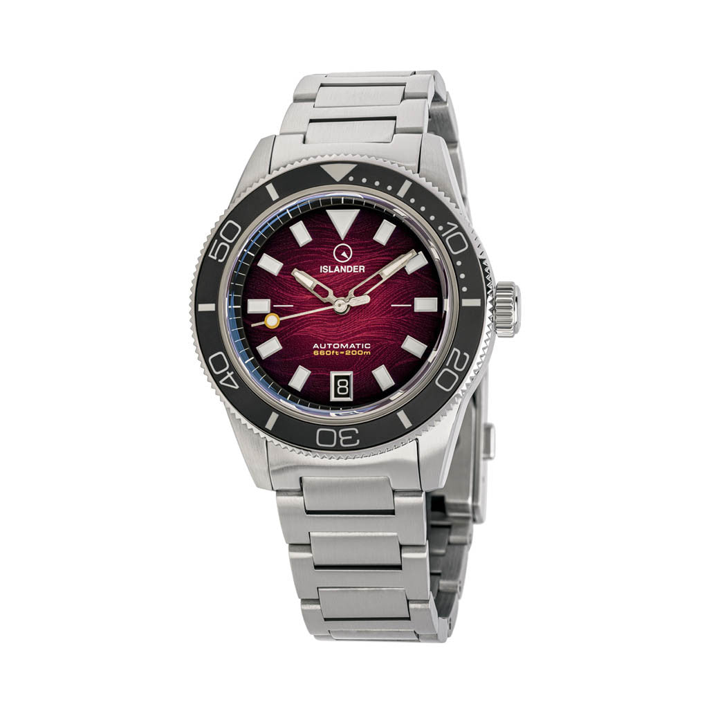 Islander Bayport Automatic Dive Watch with Maroon Wave Dial