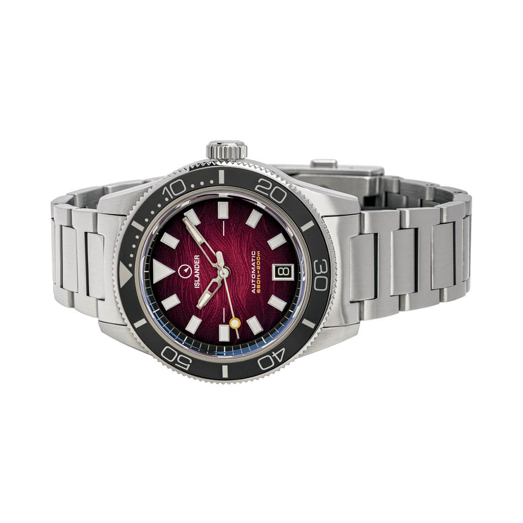 Islander Bayport Automatic Dive Watch with Maroon Wave Dial