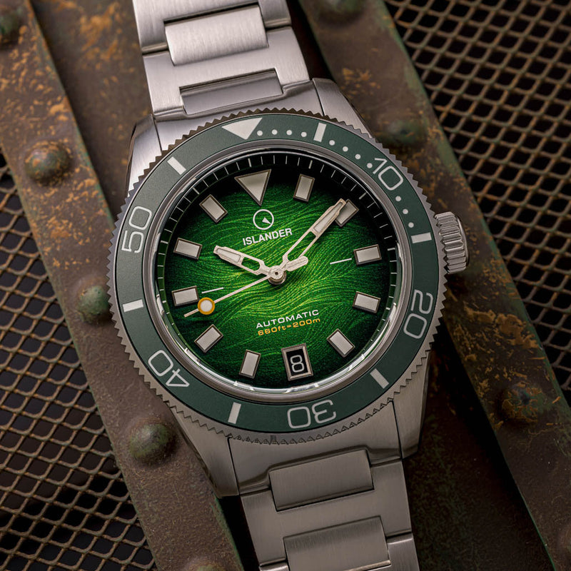 Islander Bayport Automatic Dive Watch with Green Wave Dial