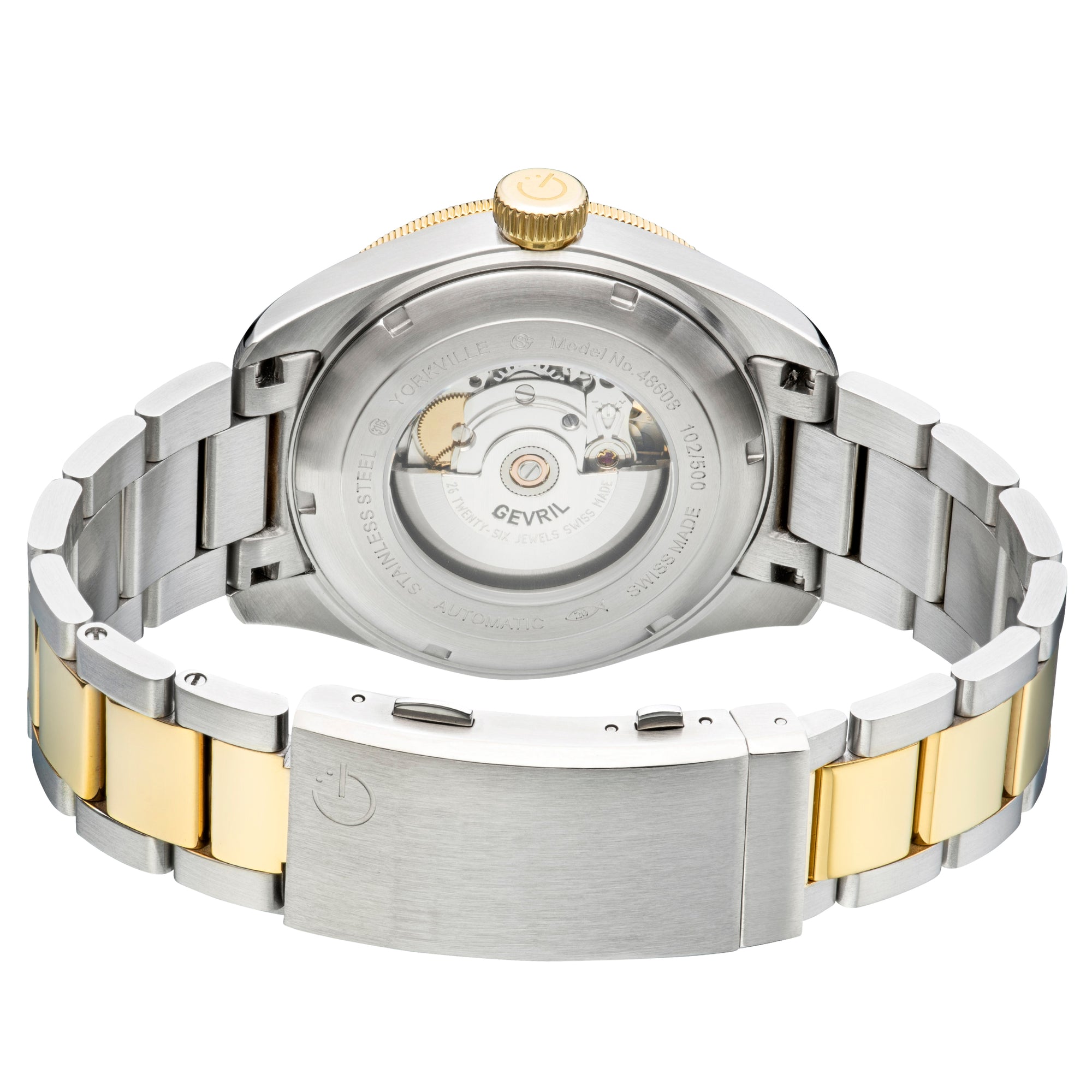 Yorkville Gevril Men's Yorkville Black Dial Sellita SW200 Swiss Automatic Unidirectional Rotating Bezel Two Tone Bracelet Date Luminous Watch | Black Dial