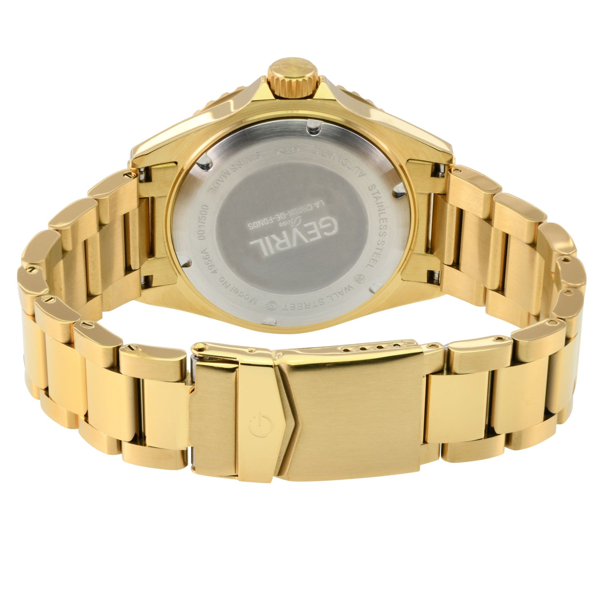 Wall Street Gevril Swiss Made SW330 IPYG Steel Rotating Bezel watch, Gold bezel, Black dial | Black Dial