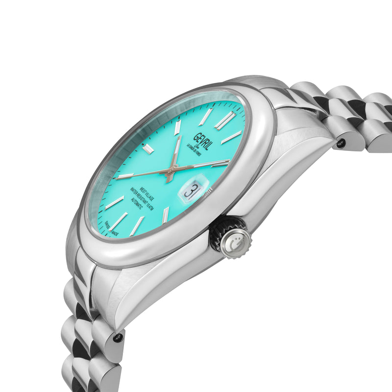 West Village Automatic Sellita SW200 Silver/Cyan Enamel ,Silver band | Blue Dial